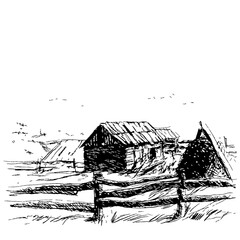 Rural landscape with mountains House fence and a stack of hay, haystack. Sketch, contour black isolated on white background. Vector