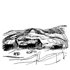 Rural landscape with mountains House fence and cows. Sketch, contour black isolated on white background. Vector