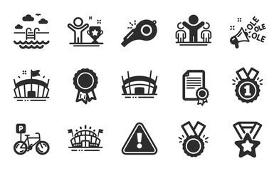 Certificate, Winner cup and Approved icons simple set. Sports arena, Success and Ole chant signs. Arena stadium, Winner and Swimming pool symbols. Bicycle parking, Whistle and Honor. Vector