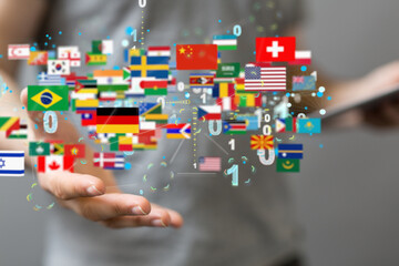 Global communication and international messaging concept, national flags of world