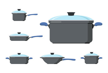 Pots and pans. A set of dishes for cooking. Vector illustration isolated on a white background