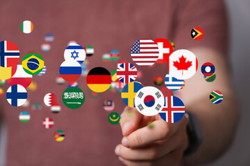 Global communication and international messaging concept, national flags of world