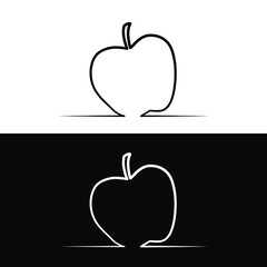 Drawn linear silhouette of an apple on a white and black background for the logo and design 