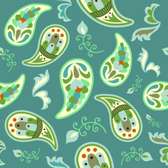 Vector seamless paisley yellow-green floral unusual geometric patterns on blue background