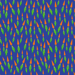 Obraz premium Seamless pattern orange carrot with green leaves, dark blue background trend of the season. Can be used for Gift wrap fabrics, wallpapers, food packaging. Vector