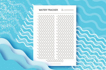 Water Tracker. Water Balance Calendar. Water Monthly Tracker. 31 days. Hydration Challenge. Blue background.