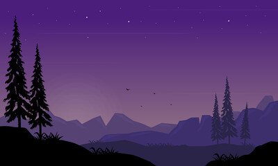 Beautiful natural scenery at night from the out of the city with a stunning starry sky. Vector illustration
