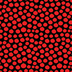 Seamless pattern with red tomatoes, on black background trend of the season. Can be used for Gift wrap fabrics, wallpapers, food packaging. Vector