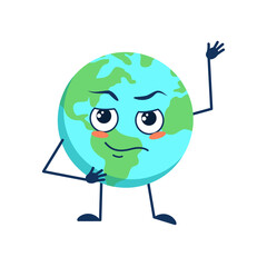 Cute planet earth character with emotions, face, arms and legs. World earth day. The funny or sad hero. Vector flat illustration