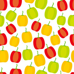 Seamless pattern with green red yellow Bell pepper isolated on white background simple scandinavian style trend of the season. Can be used for Gift wrap fabrics, wallpapers, food packaging. Vector