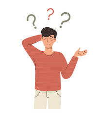 Puzzled and thinking man with question marks. Vector character on a white background.