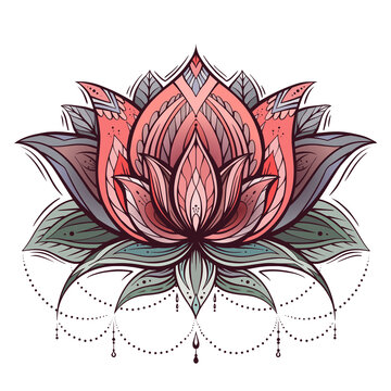 Colored drawing of a lotus with a boho pattern. Water lily with beads and tribal decoration. Natural religious symbol. Vector doodle flower with foliage and petals