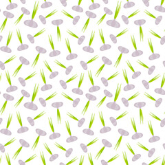 Seamless pattern garlic head with green leaves, isolated on white background trend of the season. Can be used for Gift wrap fabrics, wallpapers, food packaging. Vector