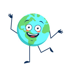 Cute character cheerful and happy planet Earth with emotions dancing, arms and legs isolated on white background. The funny hero with face. Vector flat illustration