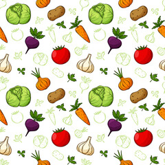 Seamless pattern with vegetables in a linear, hand-drawn style. Bright vegetables. A combination of colored and outlined elements. Vector illustration in a flat style. Isolated on a white background