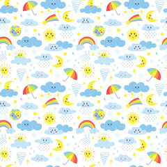 Seamless pattern with elements of weather, clouds, clouds, hurricane, lightning, sun with eyes. For children's textiles and products for kids. Cute cartoon vector illustrations. Isolated on white.