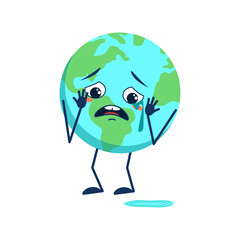 Cute planet earth character with crying and tears emotions, face, arms and legs isolated on white background. The funny or sad hero. Vector flat illustration