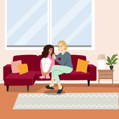 Woman comforting a sad kid for losing her parents flat vector illustration