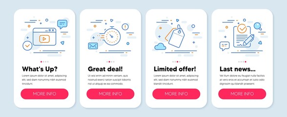 Set of Technology icons, such as Video content, Sale tags, Timer symbols. Mobile screen app banners. Rfp line icons. Browser window, Discount labels, Deadline management. Request for proposal. Vector