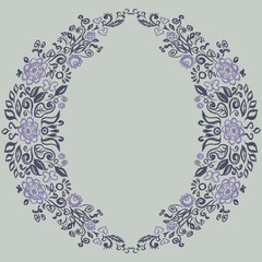 Beautiful card design round summer wreath of flowers leaves, folk art floral ornament Vintage elegant romantic retro wedding invitation, copy space, ink texture. Blue gray violet background. Vector