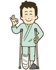 Obraz premium 足を骨折して松葉杖をついている笑顔の中年男性のイラスト