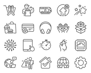 Technology icons set. Included icon as Headphones, Recovery gear, Brand ambassador signs. 5g upload, Bus tour, Timer symbols. 5g technology, Cloud computing, Change card. Rating stars. Vector