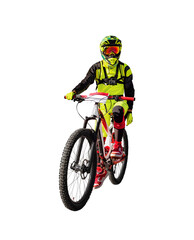 Naklejka premium Front view of man on downhill mountain bike isolated on white