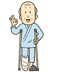 足を骨折して松葉杖をついている笑顔のシニア男性のイラスト