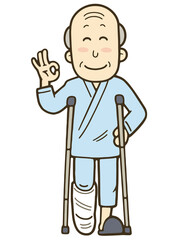 足を骨折して松葉杖をついている笑顔のシニア男性のイラスト
