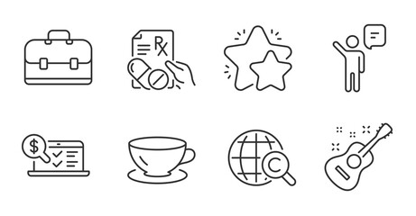 Portfolio, Online accounting and Espresso line icons set. Agent, International Copyright and Prescription drugs signs. Guitar, Star symbols. Business case, Web audit, Coffee cup. Vector