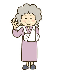 腕を骨折して入院する笑顔のシニア女性のイラスト