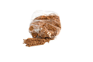 Boil in bag buckwheat groats in polythene sachets (plastic bag). Isolated on a white background