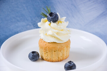 Vanilla cupcake  with cream cheese and fresh blueberries, white plate, blue background