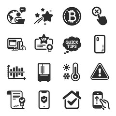 Set of Business icons, such as Phone protection, Online payment, Diagram chart symbols. Weather thermometer, Smartphone cover, Swipe up signs. Vip certificate, Quick tips, Reject click. Vector