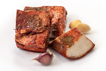 smoked lard piece isolated on white