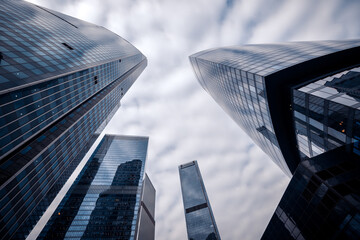 Bottom view of glass skyscrapers in Moscow city