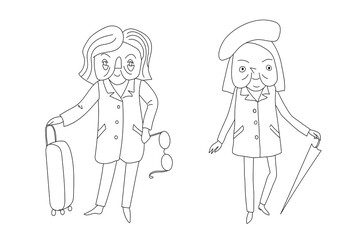 Vector two old ledies. The first lady is holding glasses and a suitcase. Second lady has an umbrella It is line drawing. 