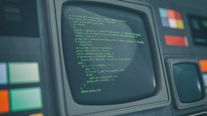 vintage science fiction computer, programming code, computer hacking (3d render)