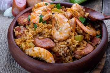 A classic dish of Cajun cuisine, jambalaya is home-made. Close-up. Selective focus.