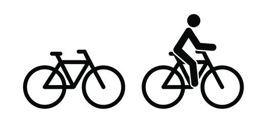 Stickman with cycle to school or work. Bike icon. Cycling line pattern banner. Stick figure man on bicycle. Flat vector cyclist sign. Mountain touring route. Sport logo. Racing bike or Mountain biker