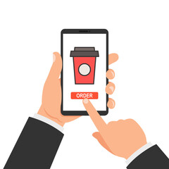 Hand holding smartphone with disposable coffee cup. Order food and drink concept. Vector.