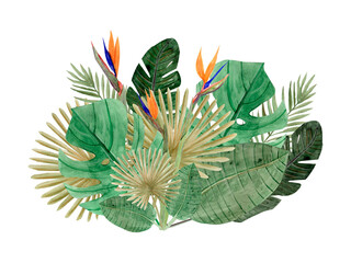 Bright Watercolor Tropical leaves - palm, monstera, banana and birds of paradise flower.   