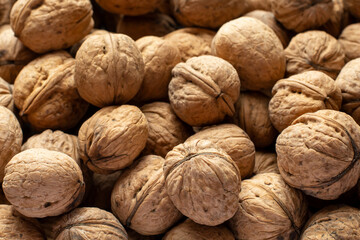 nuts background. a lot of walnuts. textured background from a variety of nuts. healthy food concept.