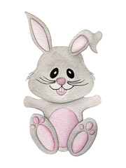 Cartoon baby bunny isolated on white, watercolor Easter bunny illustration, cute gray rabbit watercolor painting