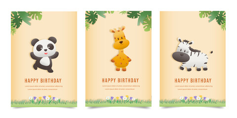 Set banner character Invitation birthday greeting card with a cute animal. jungle animals celebrate children's birthday and template invitation papercraft style vector illustration.
