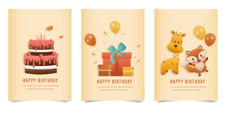 Set banner Invitation birthday greeting card with a cute animal and gift box. jungle animals celebrate children's birthday and template invitation papercraft style vector illustration.