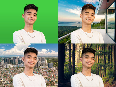 A young asian vlogger with a greenscreen background on the upper right and various replacement virtual backgrounds on the rest.