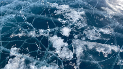 Fototapeta premium Unique amazing pattern of frozen Lake Baikal. View from above.