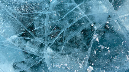 Amazing unique pattern of frozen Lake Baikal. View from above. Blue transparent clear smooth ice...