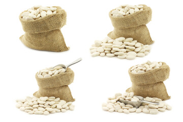 Butter beans (lima beans) in a burlap bag on a white background